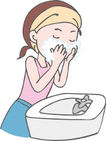 洗面台の前で顔を洗う女性のイラスト